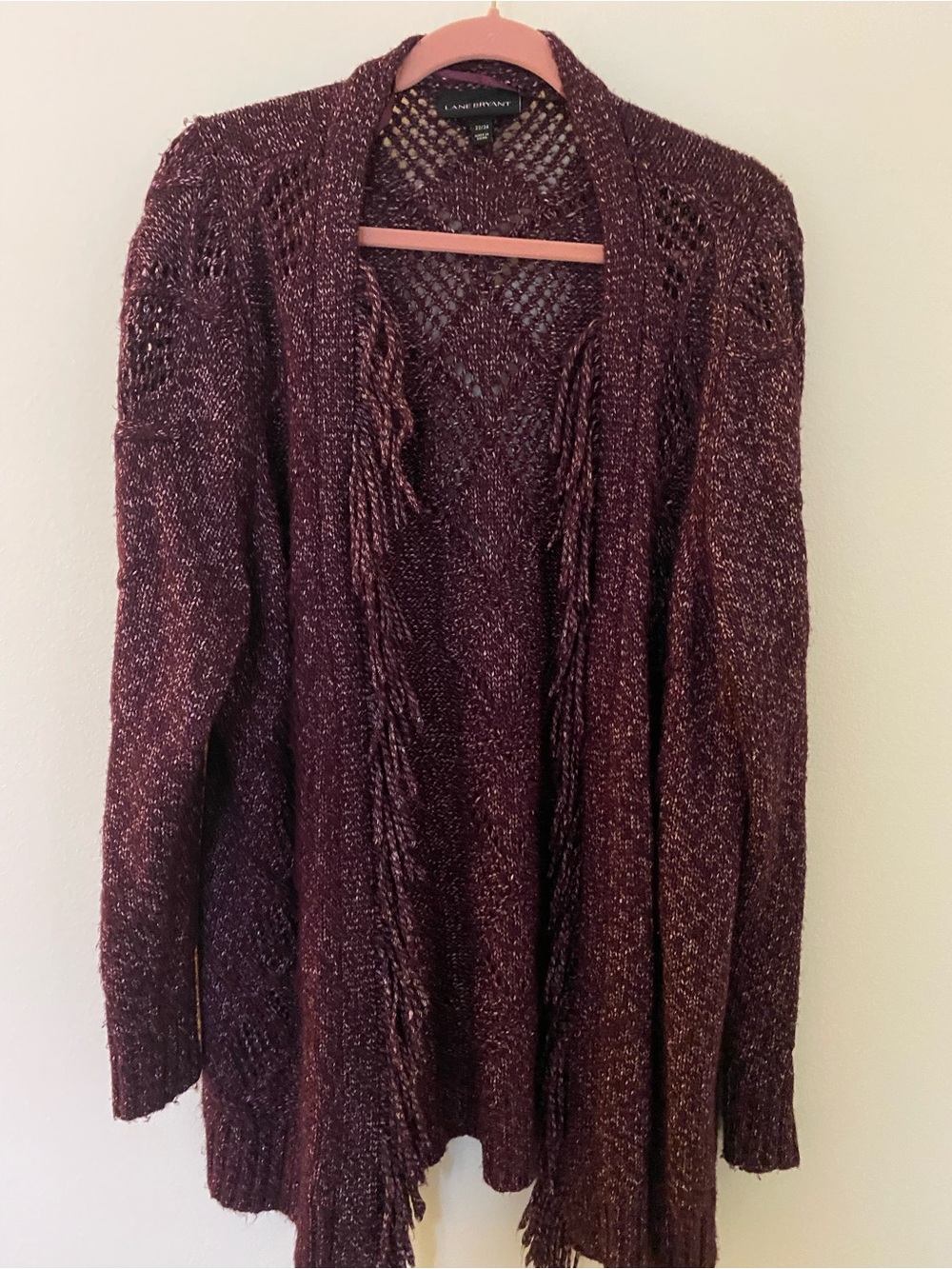 Lane Bryant Plum/blackberry Open-Front Fringe Knit Cardigan in size 22/24
